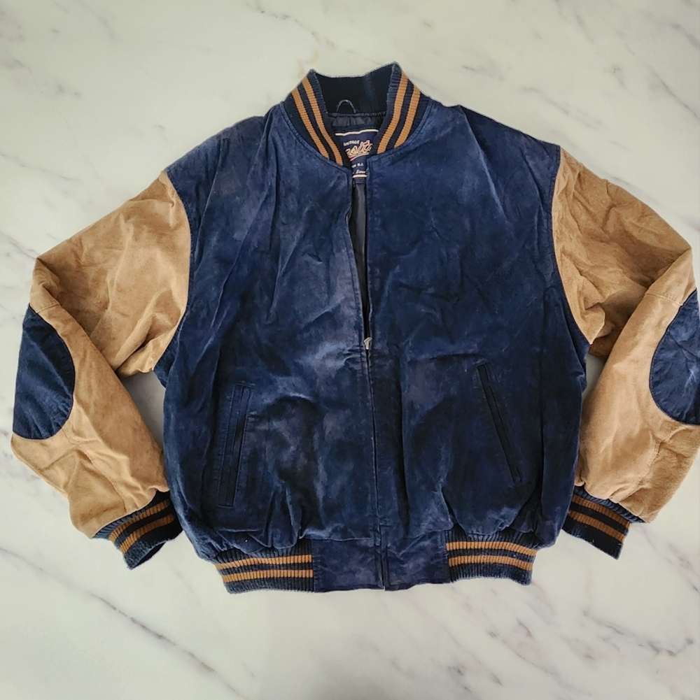 90's Varsity Vintage Retro Suede leather Blue and Tan Bomber Jacket‎ Coat